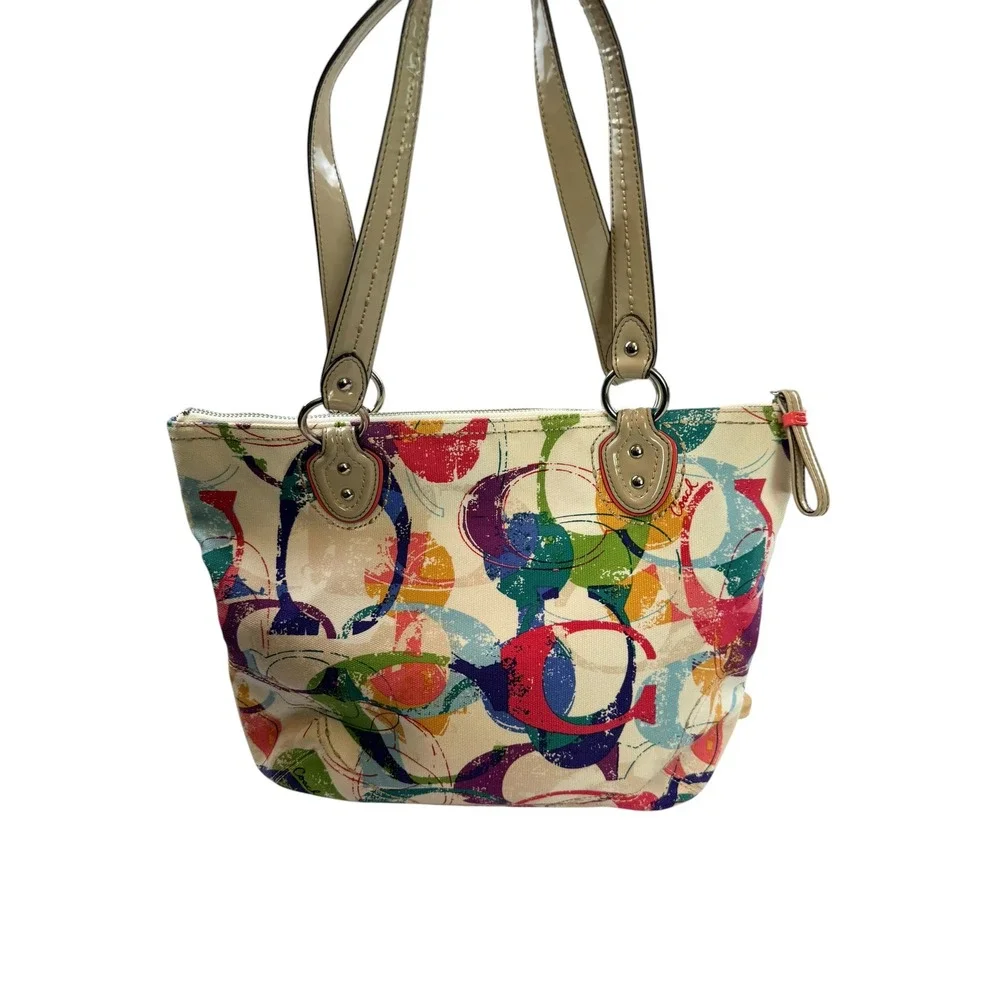 Coach Poppy Graffiti Signature C Canvas Shoulder Bag Multicolor Coral Trim